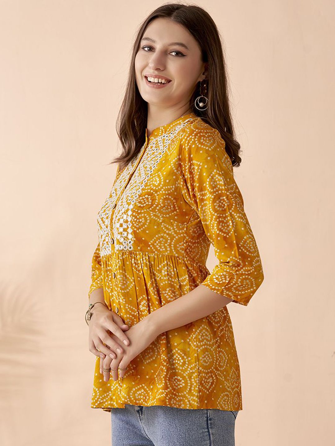Anouk Bandhani Printed Thread Work A-Line Short Kurti