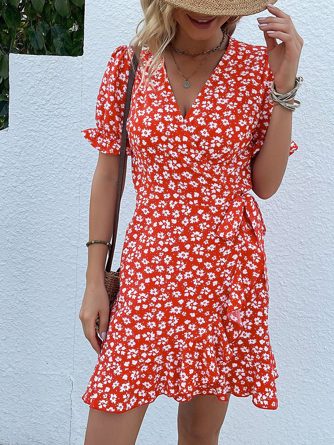 DressBerry Floral Printed Knot Detail Puff Sleeves Wrap Dress