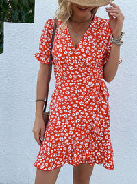 DressBerry Floral Printed Knot Detail Puff Sleeves Wrap Dress