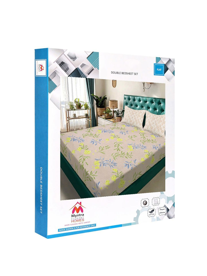 Myntra Elegant Homes Blue & Yellow Floral 300 TC King Bedsheet with 2 Pillow Covers