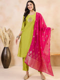 Anouk Green Floral Yoke Design Straight Kurta With Trousers & Dupatta