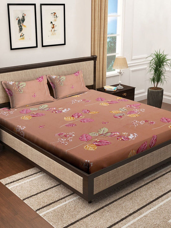KLOTTHE Brown & Pink Floral Printed 400 TC Cotton Fitted Double King Bedsheets Set