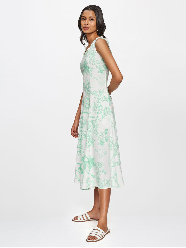 AND Green & White Floral Printed Lettuce Neck A-Line Midi Dress