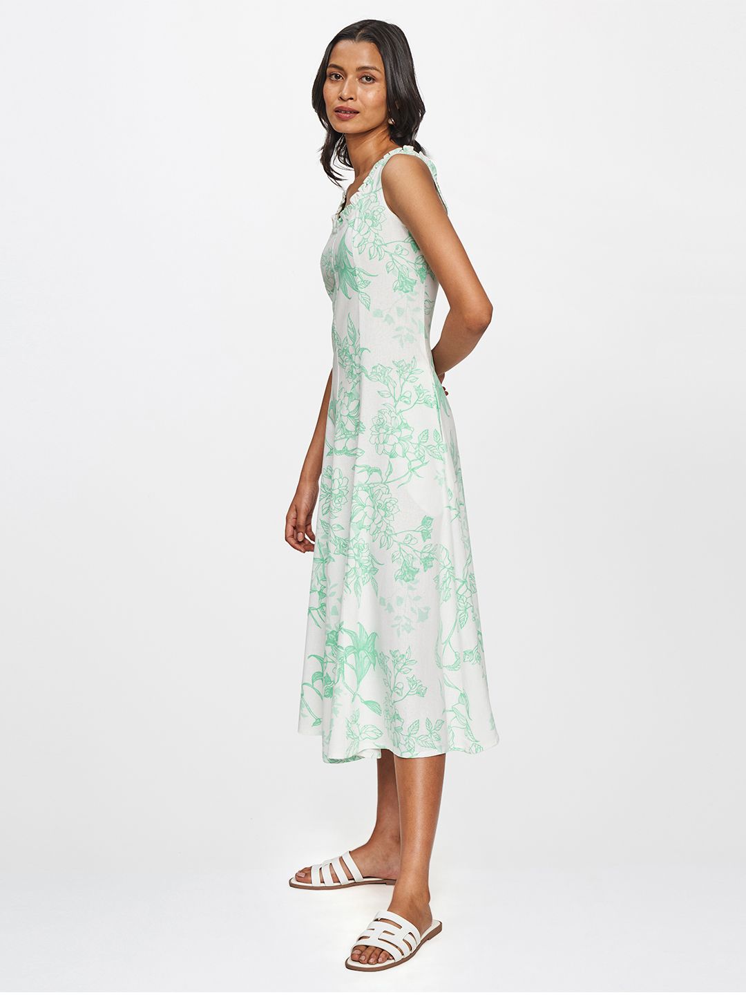 AND Green & White Floral Printed Lettuce Neck A-Line Midi Dress