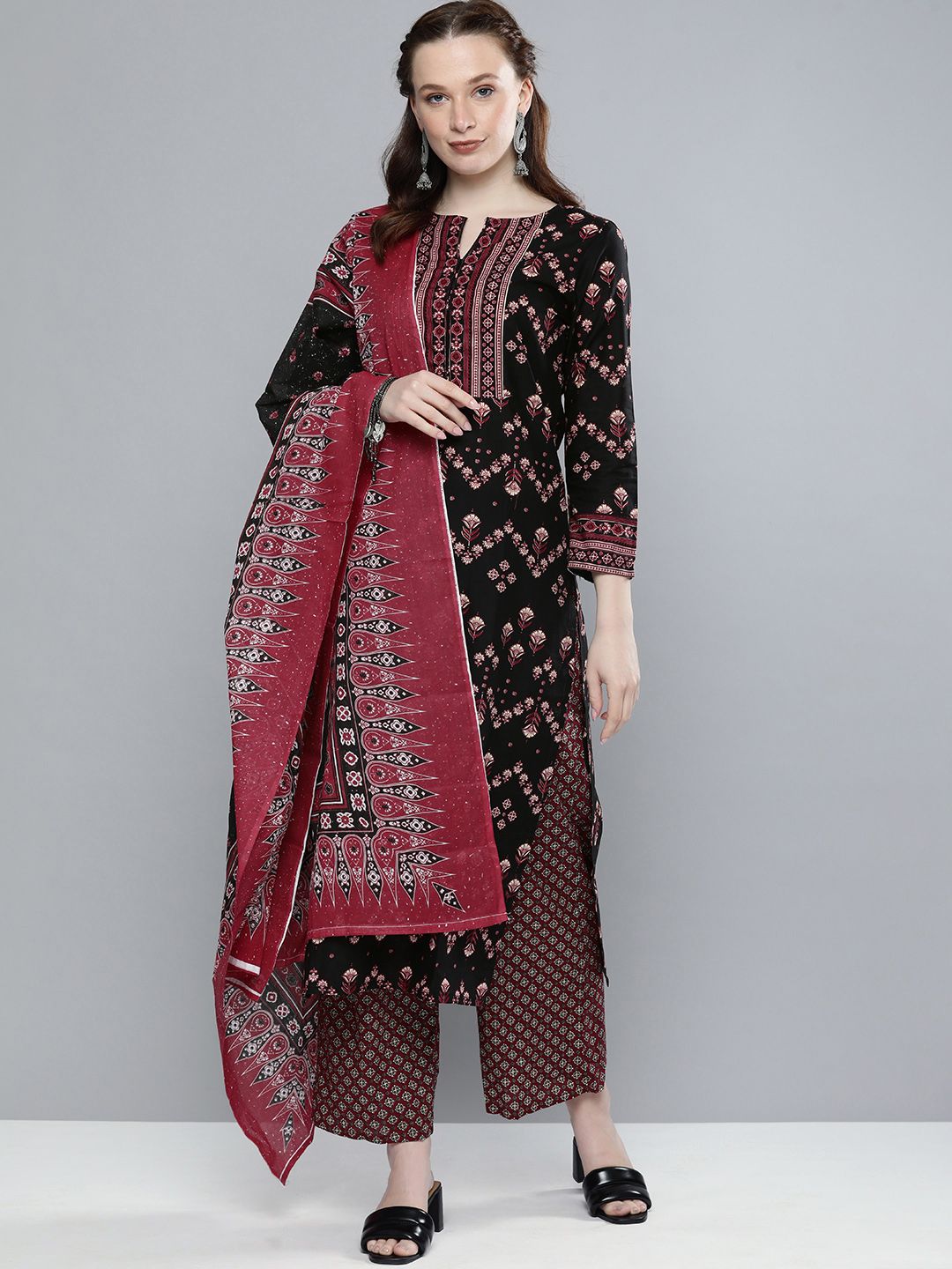 Vishudh Women Black & Red Printed Kurta with Palazzos & Dupatta