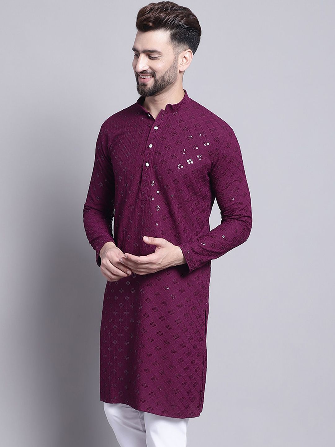 SOJANYA Geometric Embroidered Sequence Mandarin Collar Pure Cotton Kurta