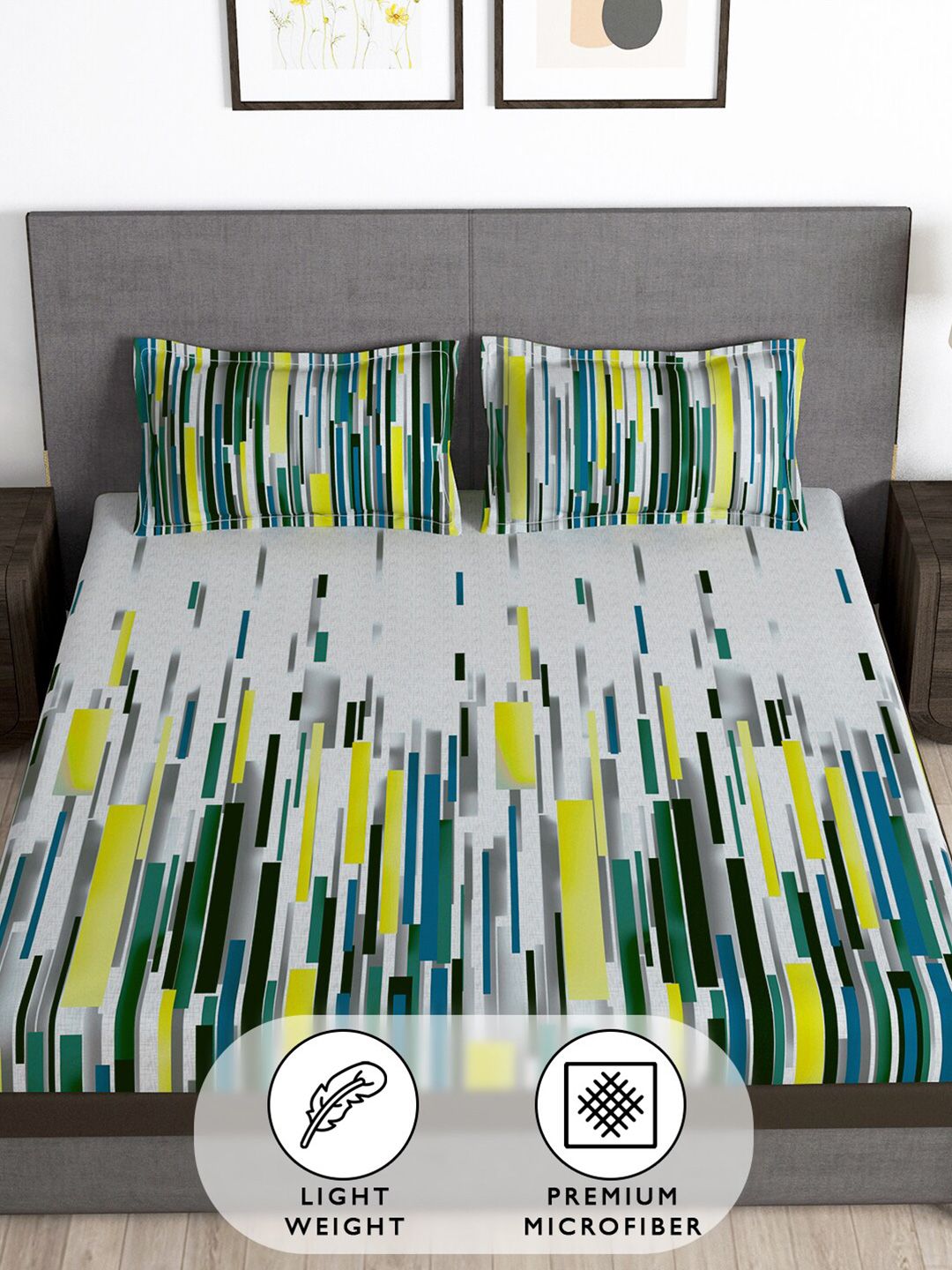 Story@home Grey & Green 180 TC Queen Bedsheet with 2 Pillow Covers