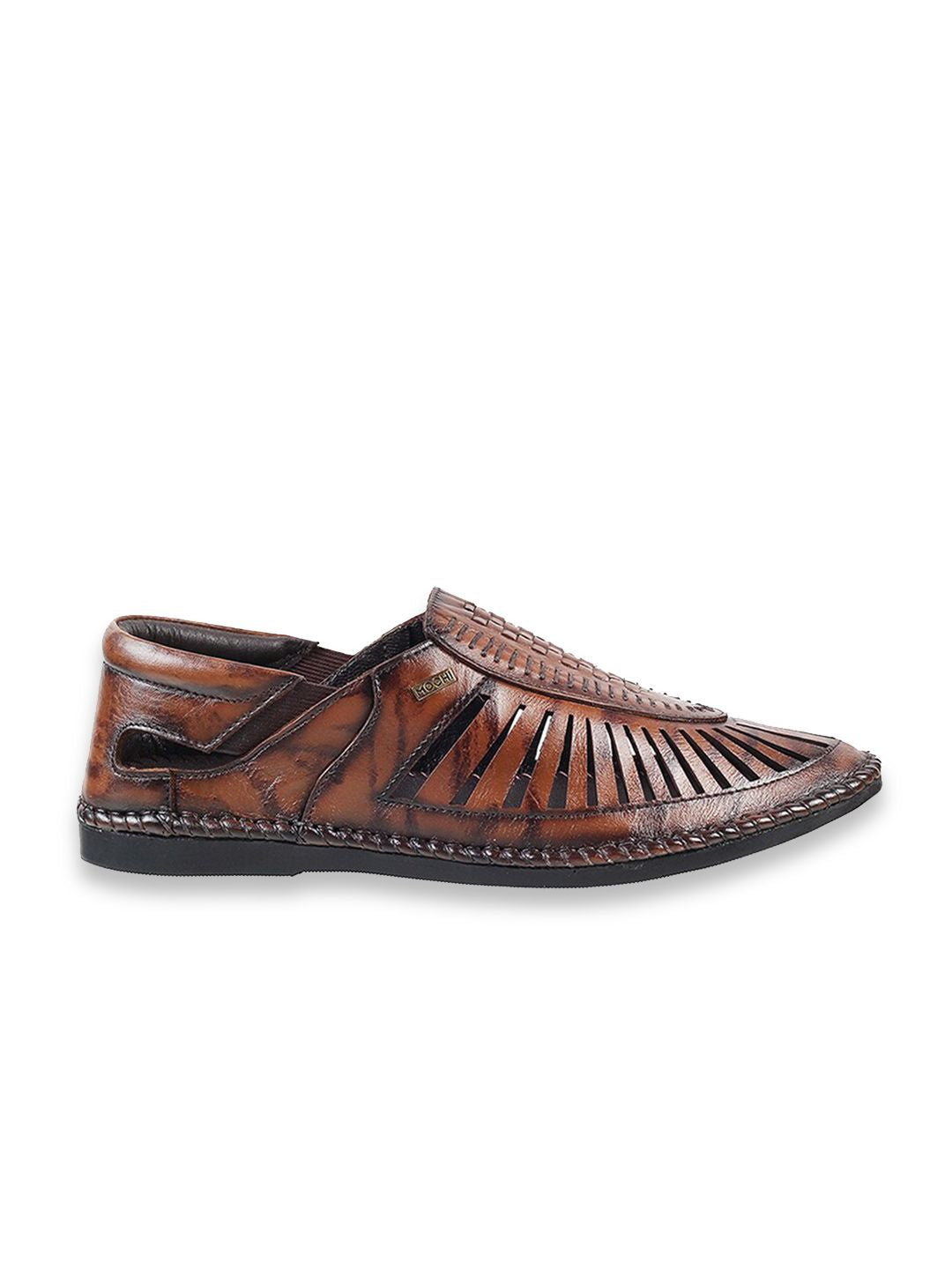 Mochi Men Textured Leather Shoe-Style Sandals With Laser Cuts