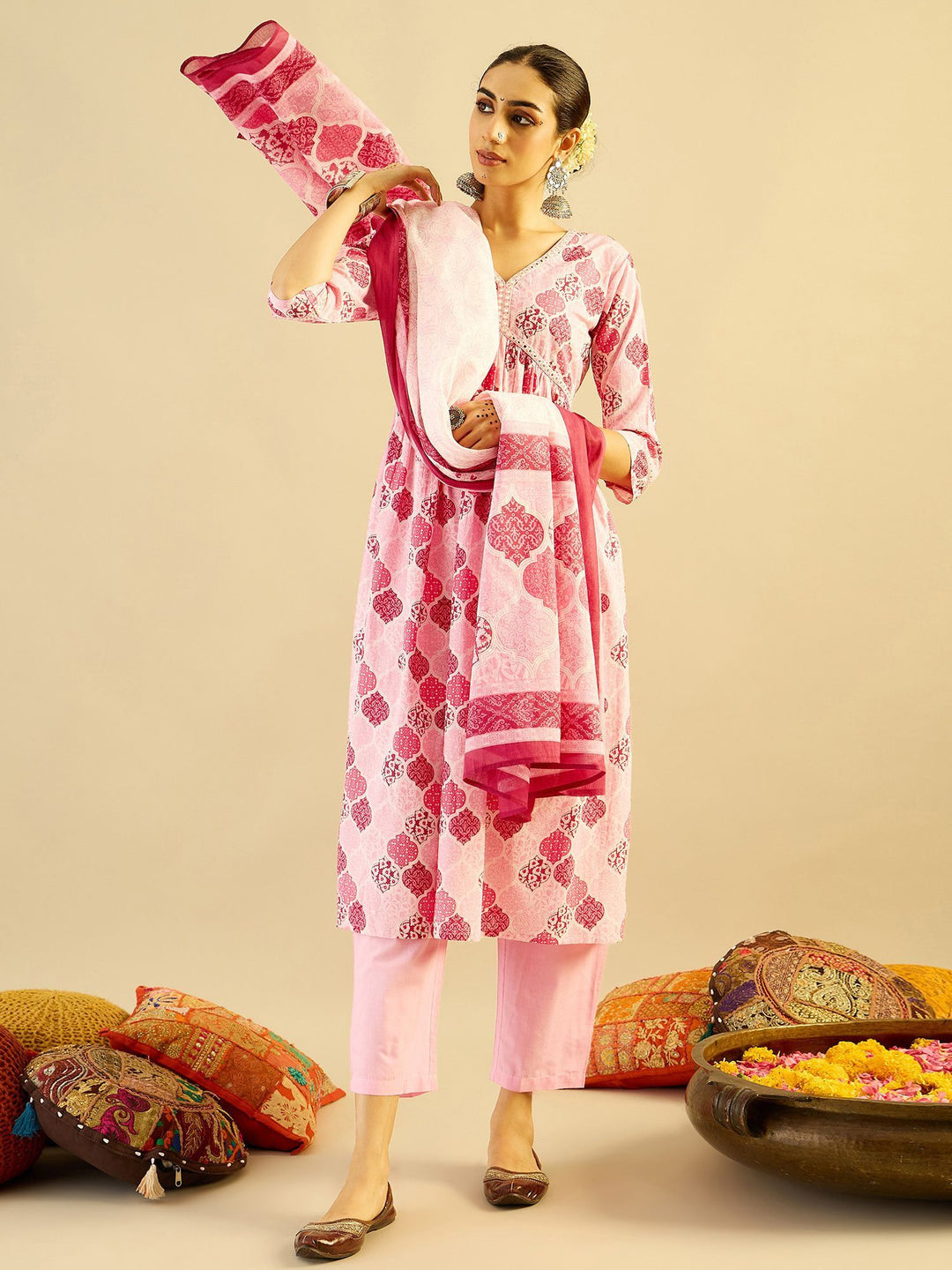 Indo Era Ethnic Motifs Printed Mirror Work Pure Cotton Kurta with Trouser And Dupatta