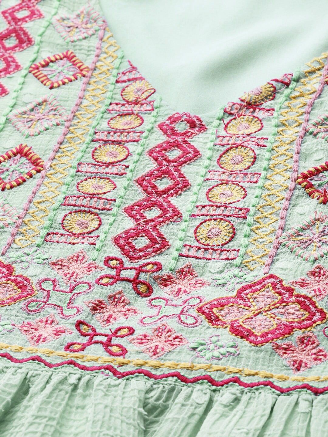 Antheaa Sea Green & Pink Yoke Embroidered Dobby Weave A-Line Top