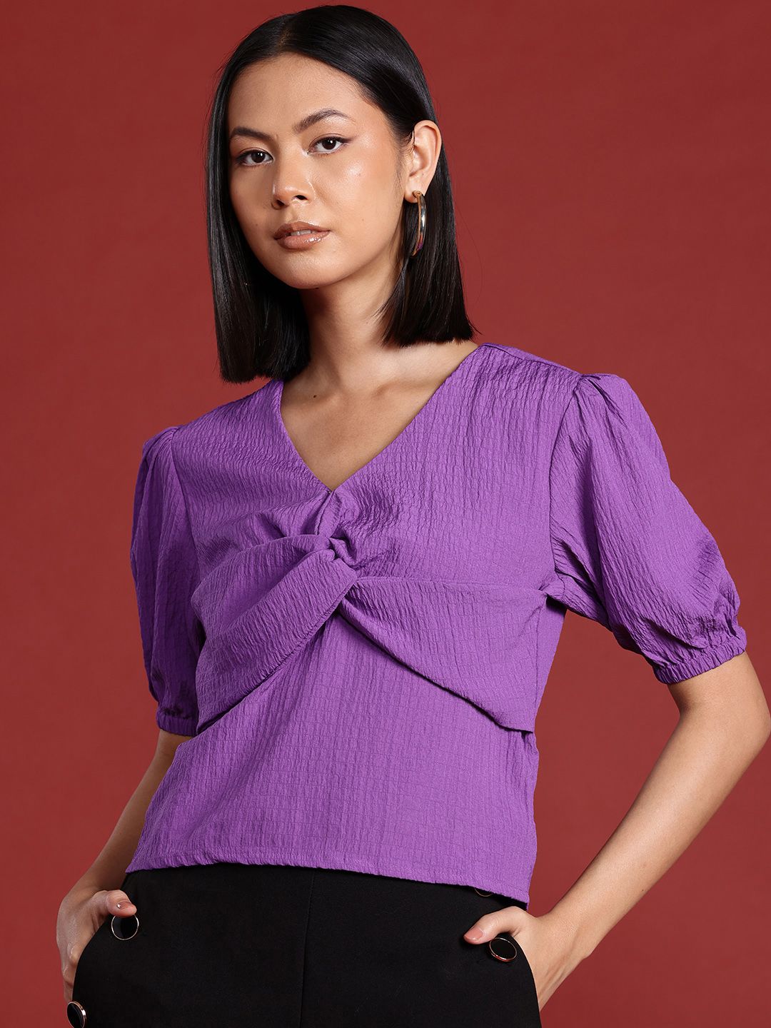 all about you Puff Sleeves Textured Twisted Top