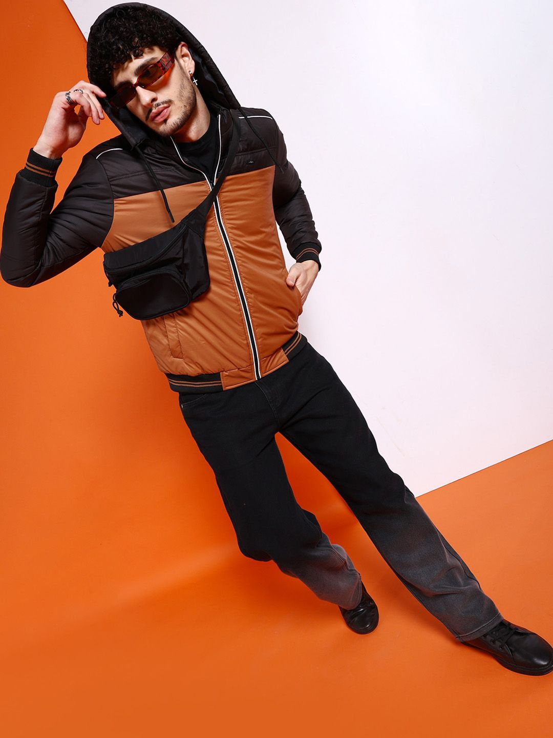 The Indian Garage Co Men Tan Colourblocked Outdoor Padded Jacket with Patchwork