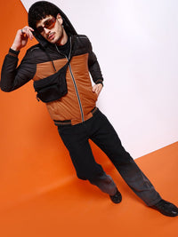 The Indian Garage Co Men Tan Colourblocked Outdoor Padded Jacket with Patchwork