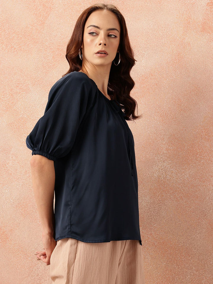 all about you Tie-Up Neck Puff Sleeves Gathered Detail Satin-Finish Top