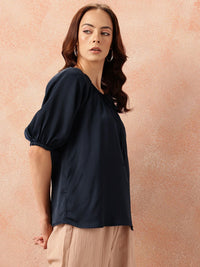 all about you Tie-Up Neck Puff Sleeves Gathered Detail Satin-Finish Top