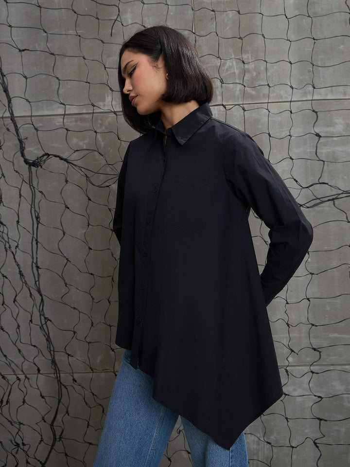 SASSAFRAS Women Relaxed Oversized Fit Spread Collar Solid Cotton Casual Shirt