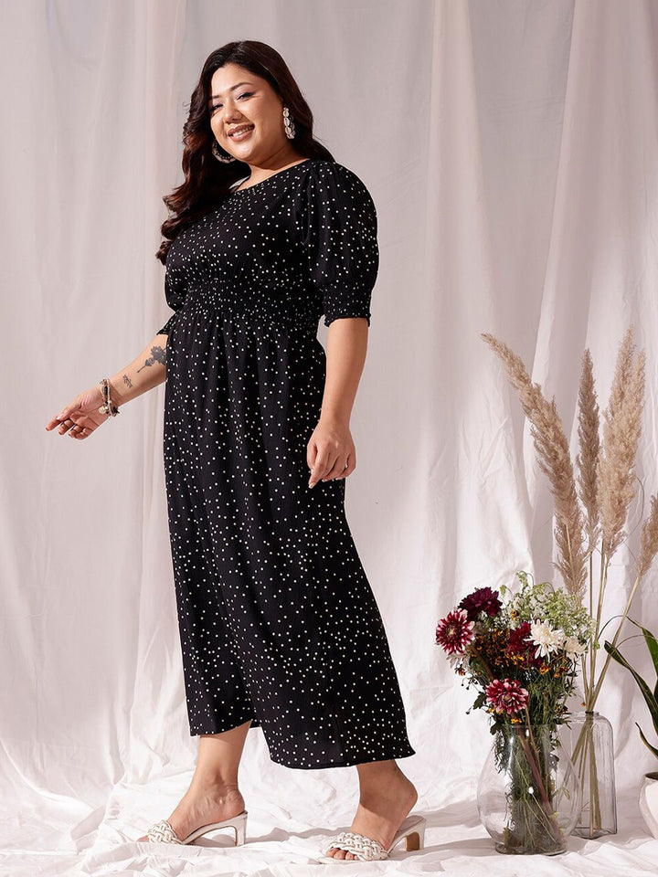 CURVY STREET Black Polka Dots Printed Flared Round Neck Puff Sleeve Blouson Dress
