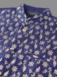 SOJANYA Motif Etnik Bersulam Kurta Kapas Tulen Labuci dengan Piyama & Jaket Nehru