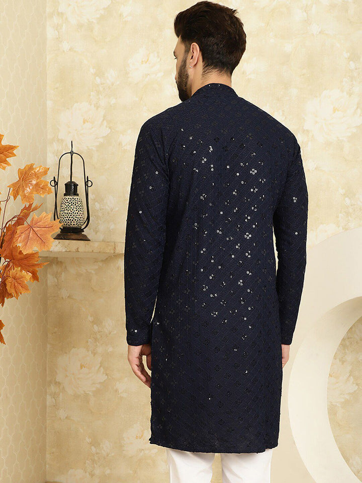 SOJANYA Embroidered Sequinned Mandarin Collar Pure Cotton Kurta