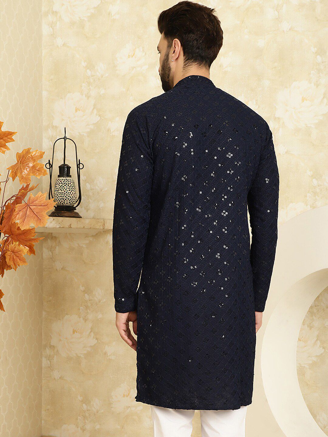 SOJANYA Embroidered Sequinned Mandarin Collar Pure Cotton Kurta
