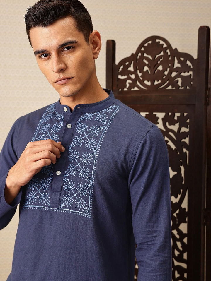 House of Pataudi Floral Embroidered Band Collar Thread Work Cotton Linen Jashn Kurta
