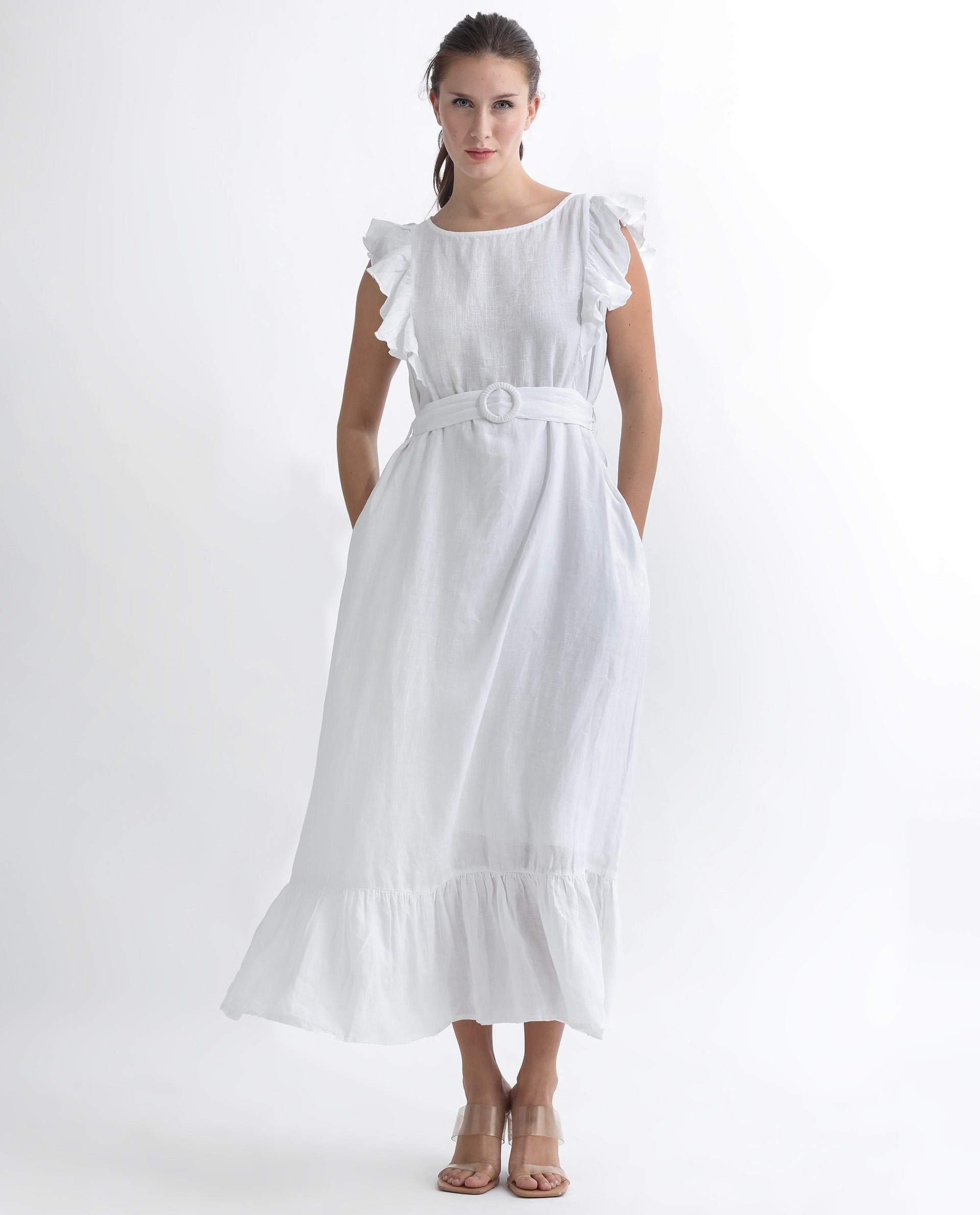 RAREISM Flutter Sleeve Linen A-Line Midi Dress