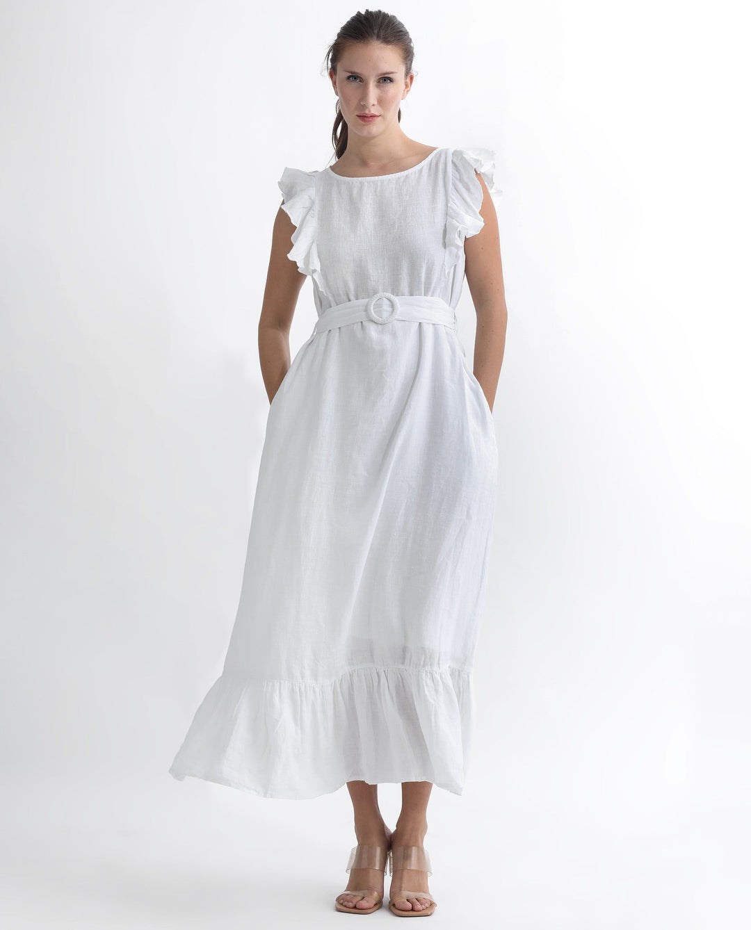 RAREISM Flutter Sleeve Linen A-Line Midi Dress