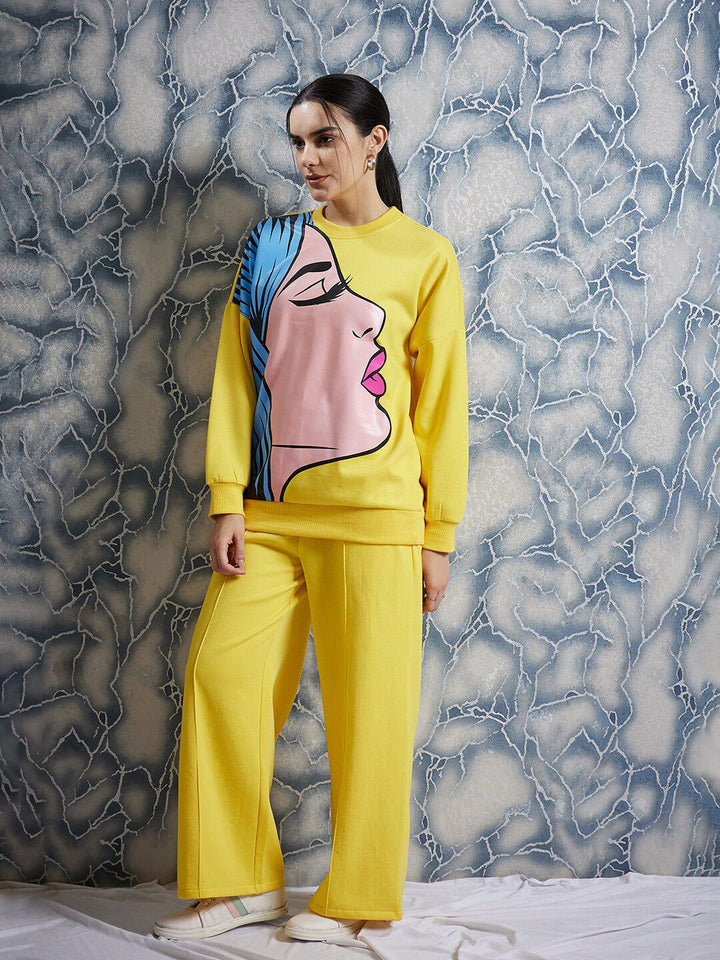 Athena Yellow Graphic Printed Drop Shoulder Sleeves Fleece Pullover