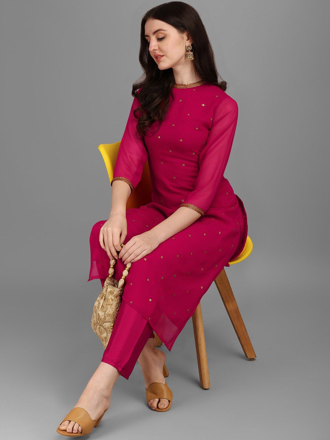 KALINI Ethnic Motifs Embellished Straight Sequinned Kurta with Trousers