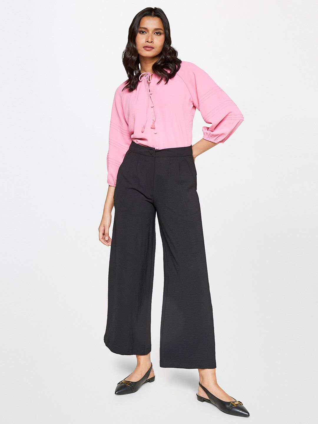 AND Tie-Up Neck Puff Sleeves Shirt Style Top