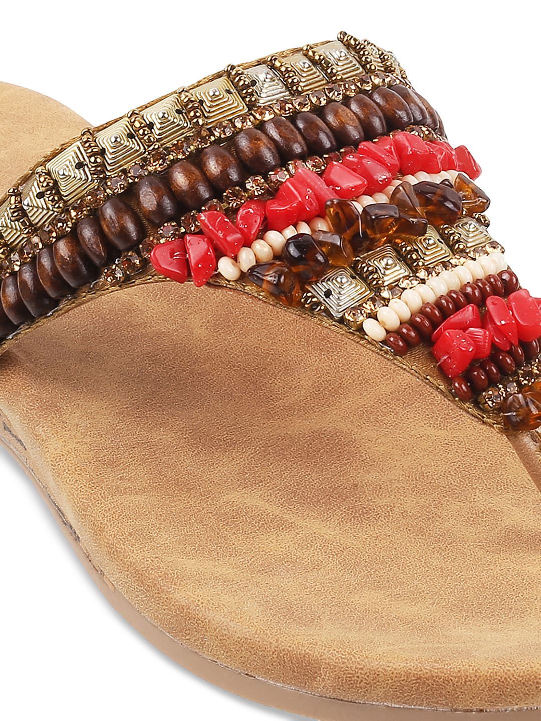 Metro Women Gold-Toned Ethnic Embellished Open Toe Flats