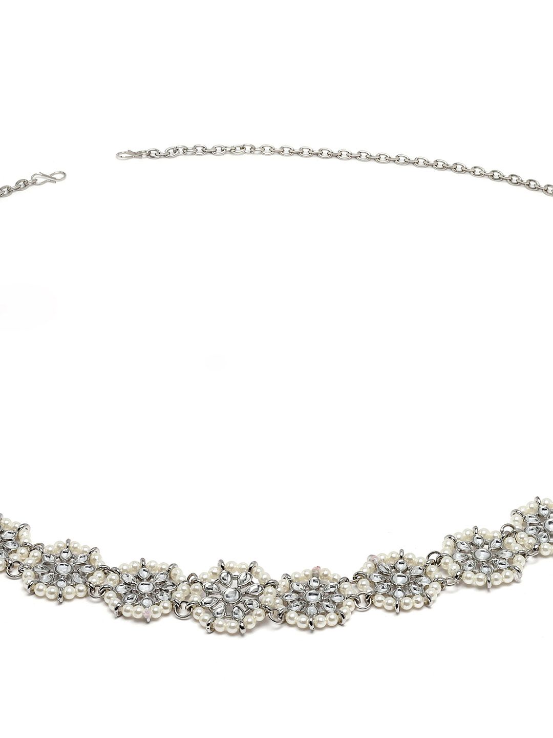 KARATCART Oxidised Sliver-Toned White Kundan-Studded Pearl Beaded Kamarbandh