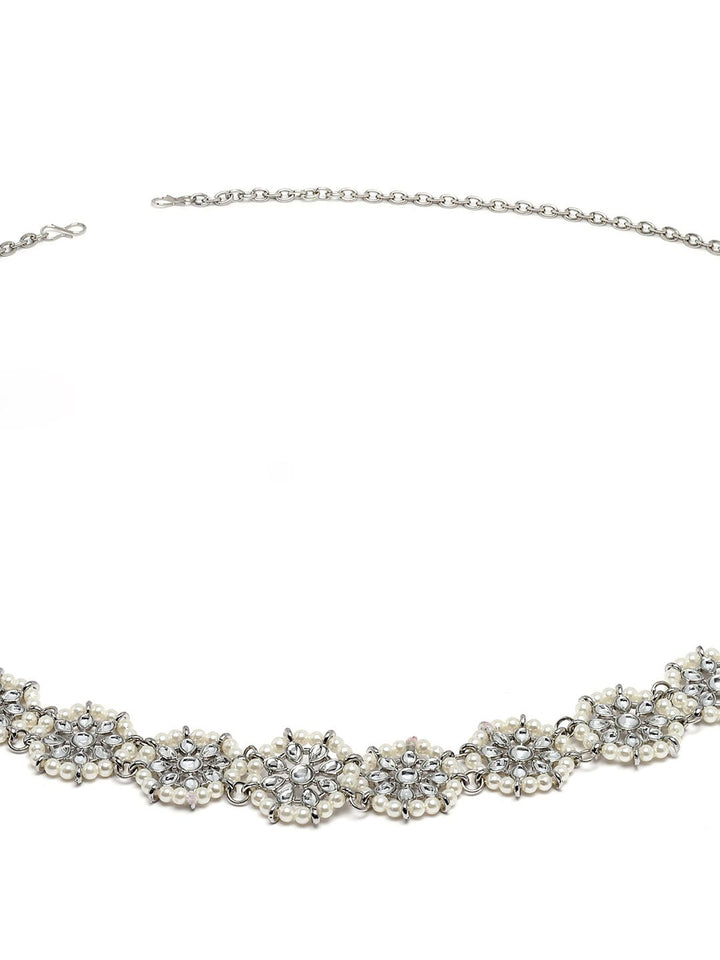 KARATCART Oxidised Sliver-Toned White Kundan-Studded Pearl Beaded Kamarbandh