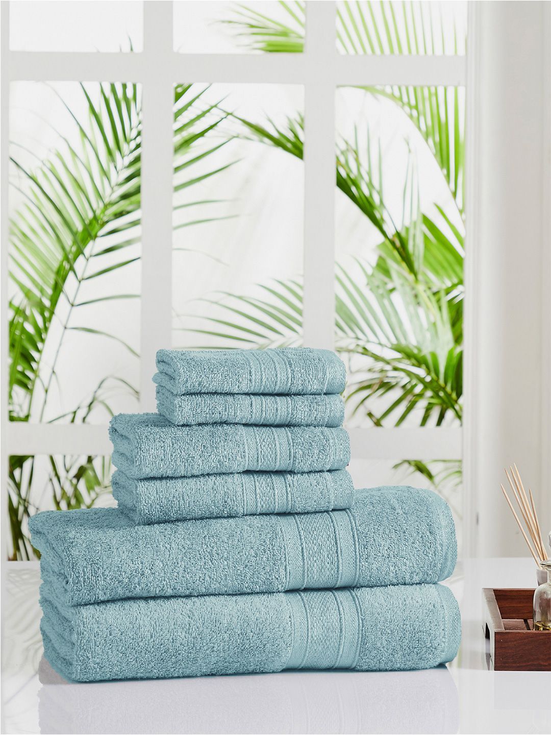MYTRIDENT Set Of 6 Blue Solid 500 GSM Soft  Plush Pure Cotton Towel Set
