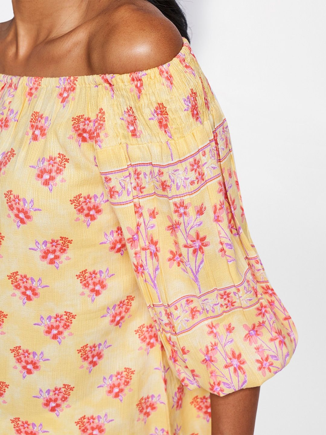 Global Desi Women Yellow & Pink Floral Printed Off-Shoulder Top