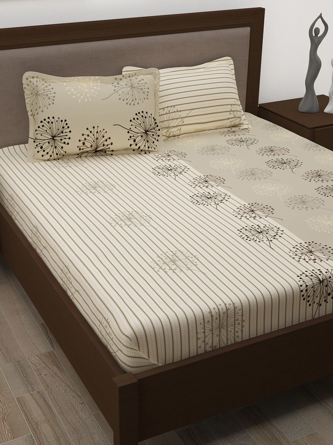 Story@home Grey Floral 186 TC Cotton Bedsheet with 2 Pillow Covers