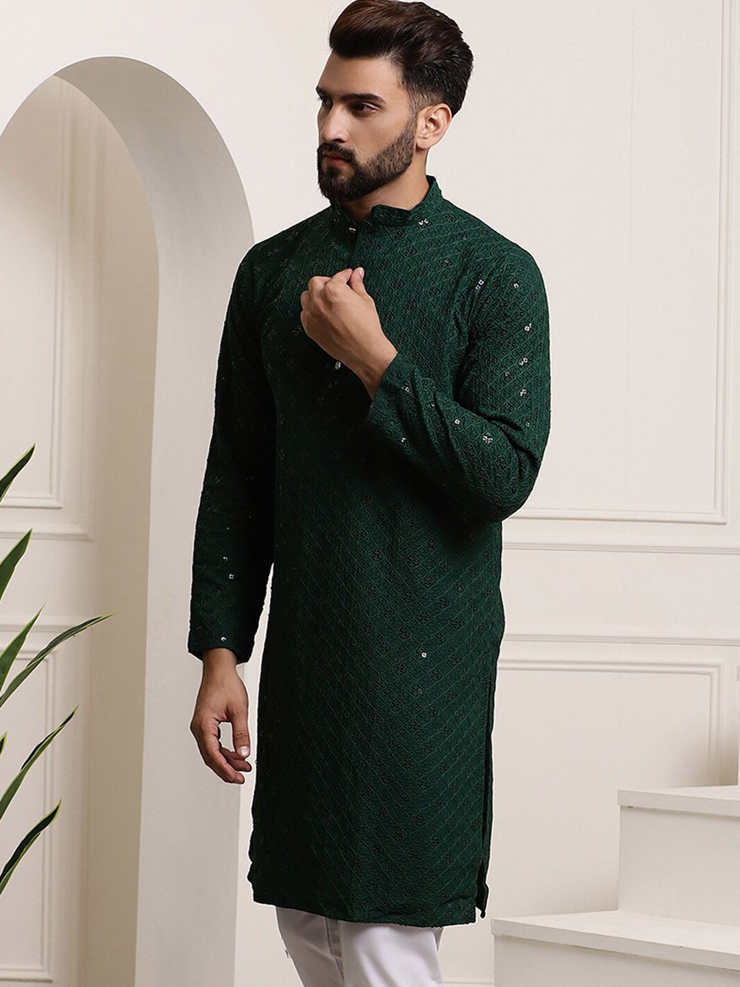 SOJANYA Mandarin Collar Sequins Embellished Pure Cotton Straight Kurta