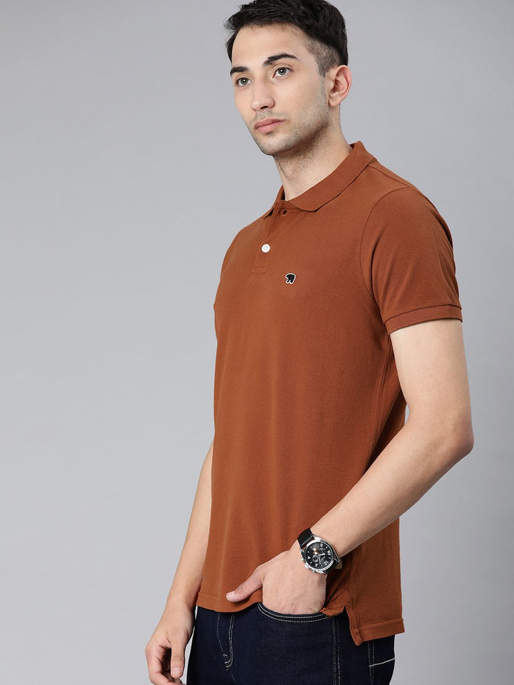 THE BEAR HOUSE Men Rust Brown Solid Polo Collar Pure Cotton T-shirt