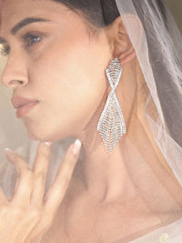 Rubans Rhodium-Plated Brass Crystal Studded Classic Drop Earrings