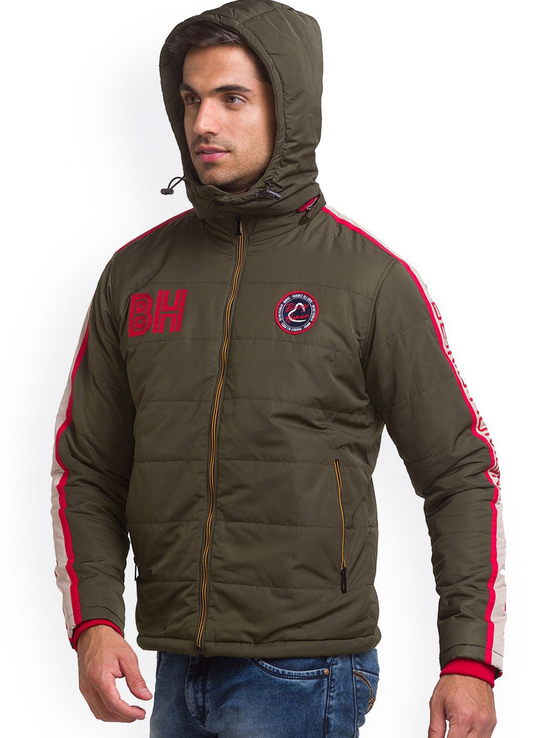 Being Human Men Olive Green Colourblocked Crop Open Front Jacket with Patchwork