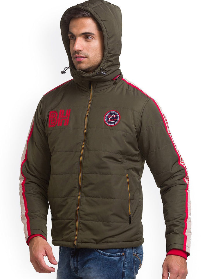 Being Human Men Olive Green Colourblocked Crop Open Front Jacket with Patchwork