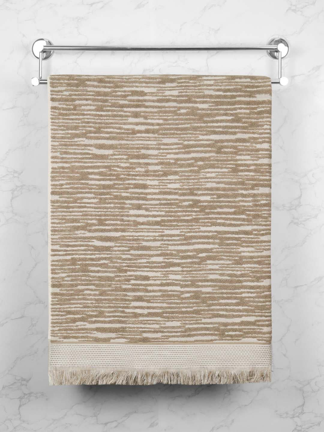 MYTRIDENT Beige & White Striped Printed Cotton 500 GSM Bath Towel