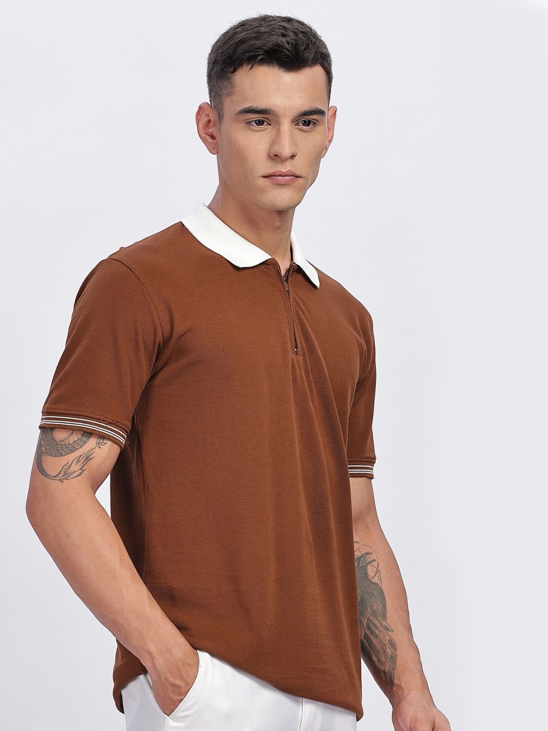 ADRO Men Solid Polo Collar Cotton T-shirt