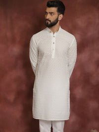 SOJANYA Men Cream-Coloured Embroidered Straight Kurta