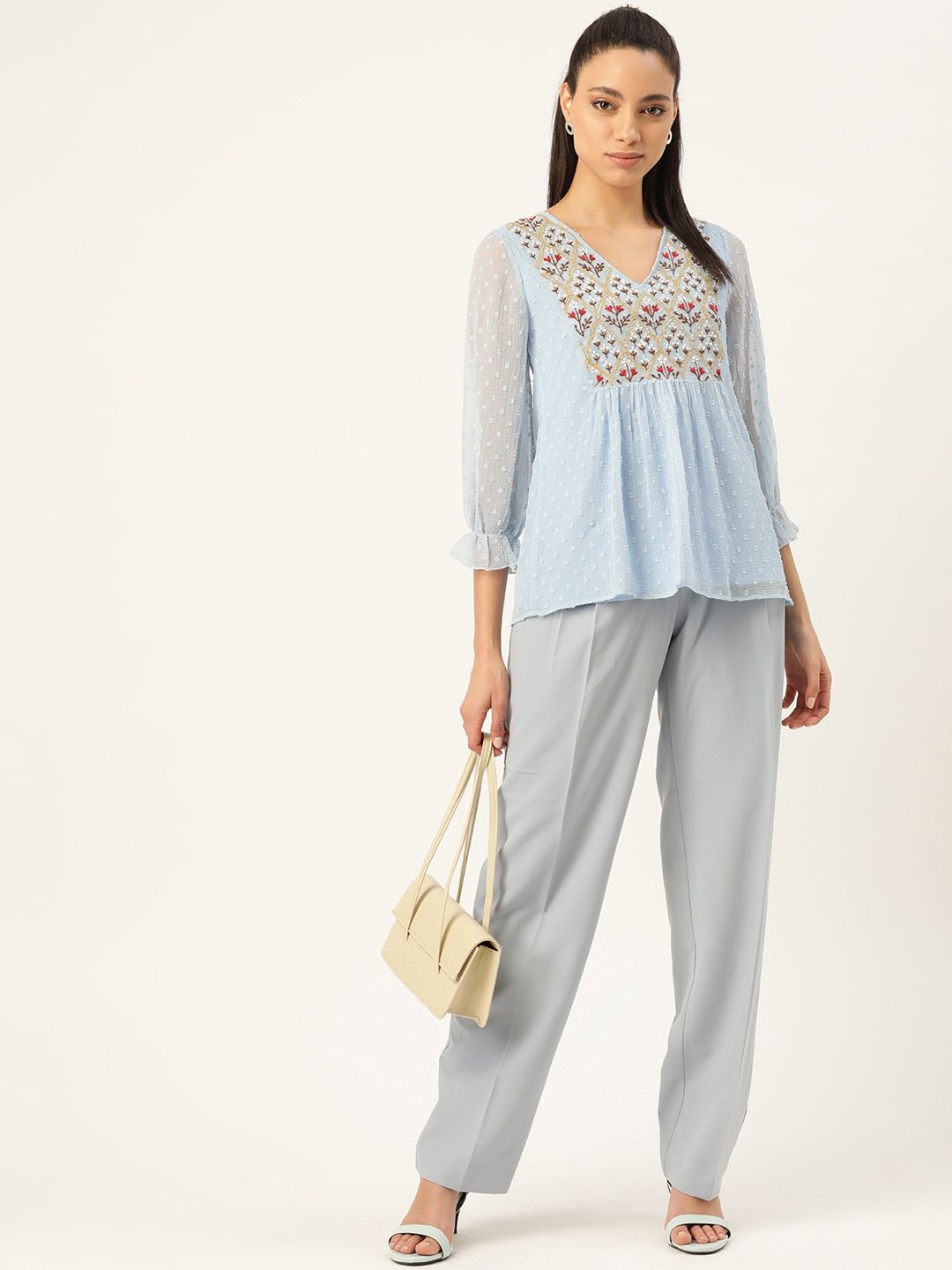 Antheaa Blue Yoke Embroidered Dobby Weave A-Line Top