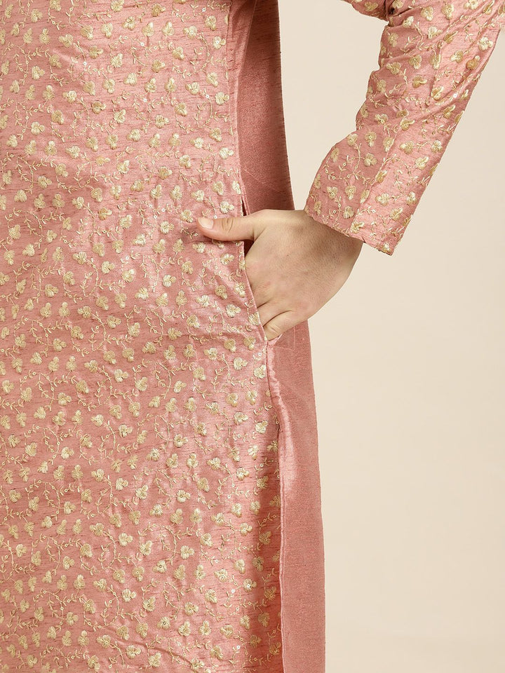SOJANYA Lelaki Coral & Gold-Toned Floral Kurta
