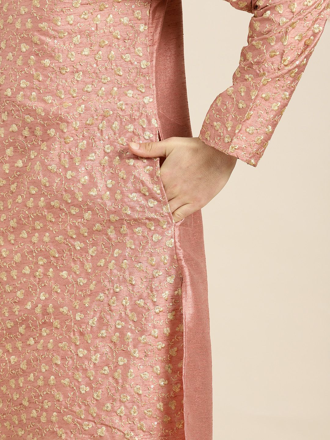 SOJANYA Lelaki Coral & Gold-Toned Floral Kurta