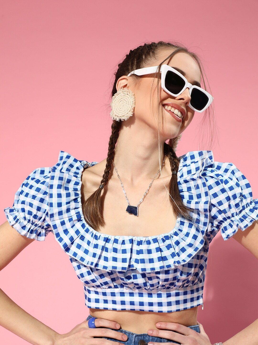 SASSAFRAS Women Blue & White Checked Ruffles Fitted Crop Top
