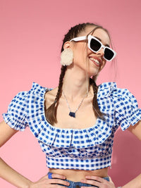 SASSAFRAS Women Blue & White Checked Ruffles Fitted Crop Top