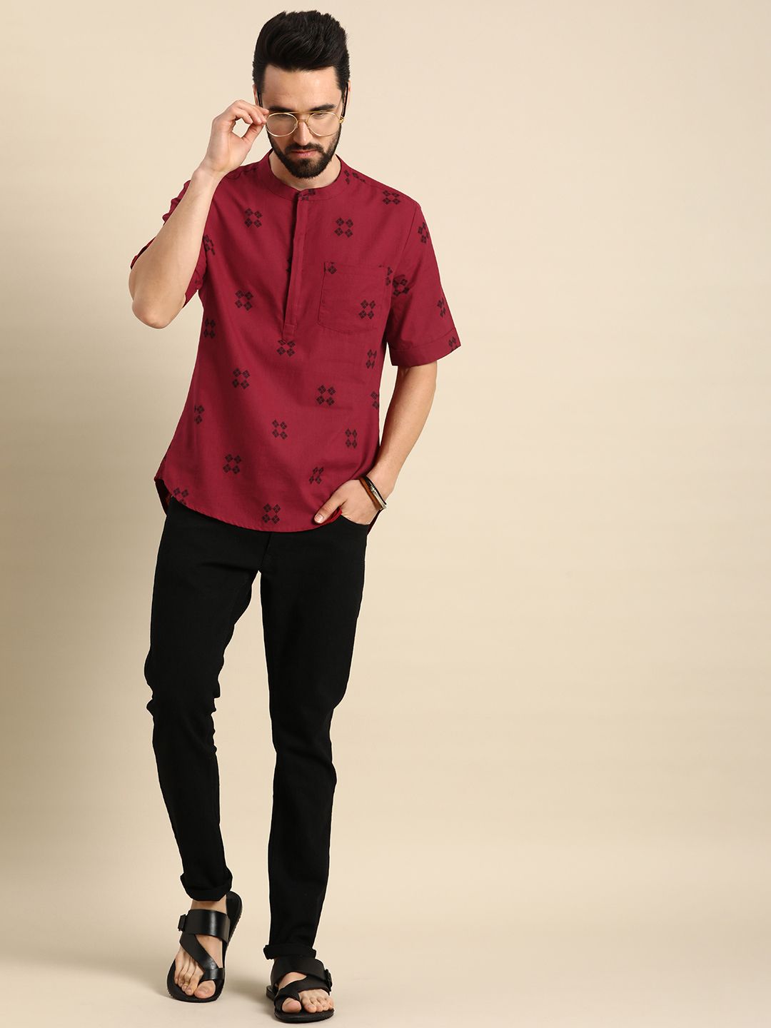 Anouk Men Red & Black Geometric Printed Short Kurta